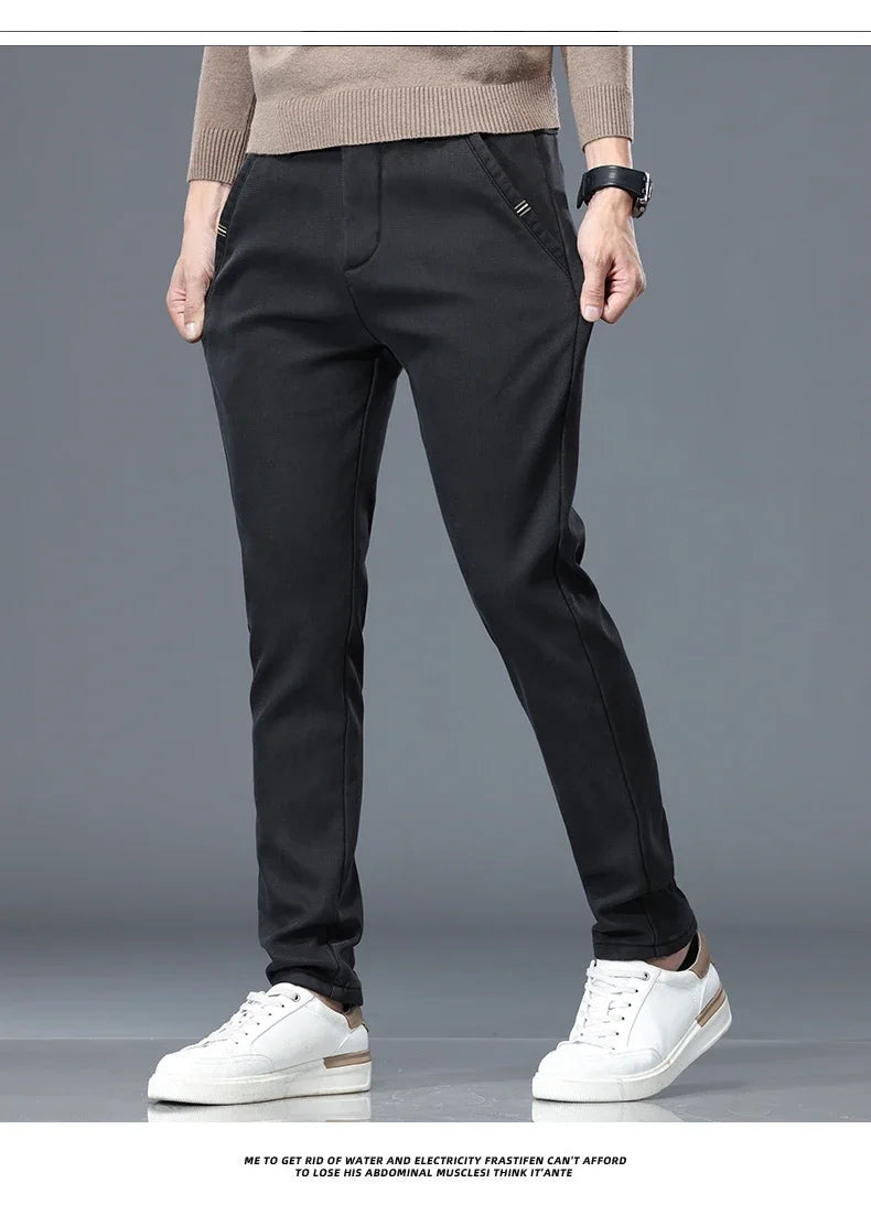 Lyocell Men's Winter Thickened Casual Pants Fleece Korean Fashion Comfortable Elastic Straight Baggy Velvet Trousers Male