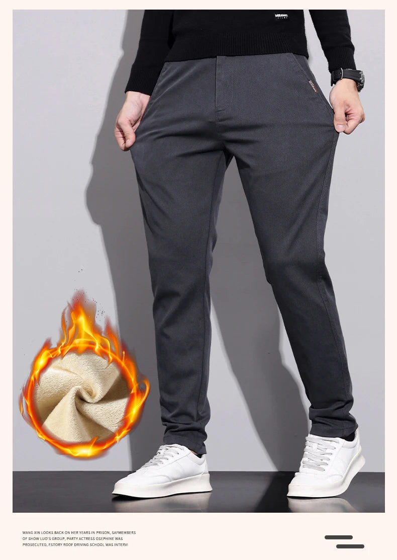 Winter New Men's Fleece Pants Slim Straight Warm Soft