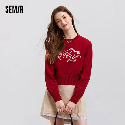 Semir Sweater Women Short Style with Bowknot Girly 2025 New Spring Sweet Round-neck Square-shoulder Pullover Sweater Slimming