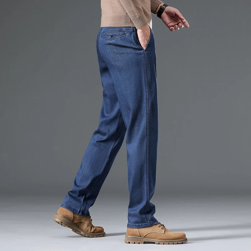 Men's Lyocell Slim Straight Stretch Jeans Fashion Business Casual Denim Pants Classic Blue Smoke Gray Trousers Male Clothes