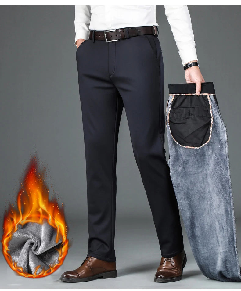 Winter Warm Men's Business Casual Pants Thickened Flannel Fleece Elastic High Waist Office Classic Fit Straight Black Trousers