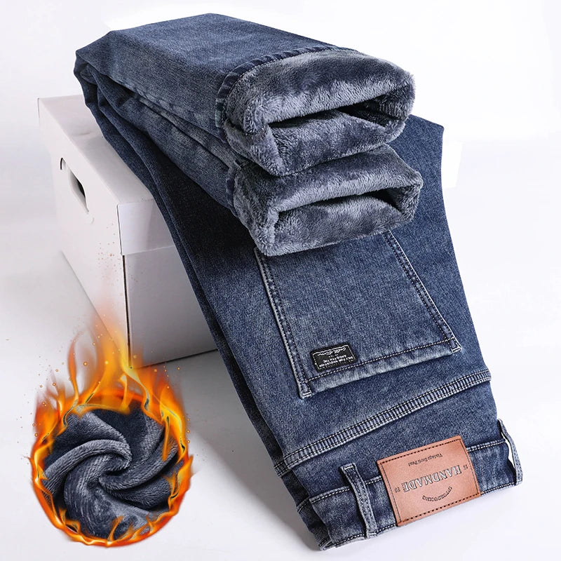 Men's Warm Fleece Jeans Winter New Thick Velvet Slim Fit Business Casual Pants Classic Black Blue Elastic Cotton Denim Pants