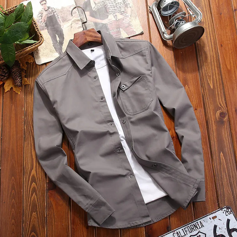 New Fashion Men's Long-Sleeved Shirt Long-Sleeved Buttons Solid Color Lapel Work Shirt Casual Outdoor Big Yards Men's Clothing