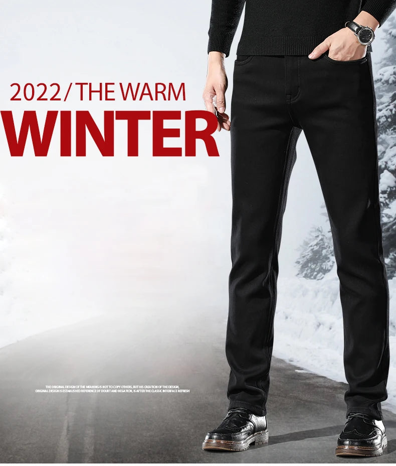 Men's Winter Warm Fleece Black Jeans 2022 New Business Fashion Stretch Regular Fit Denim Thick Pants Male Brand Trousers