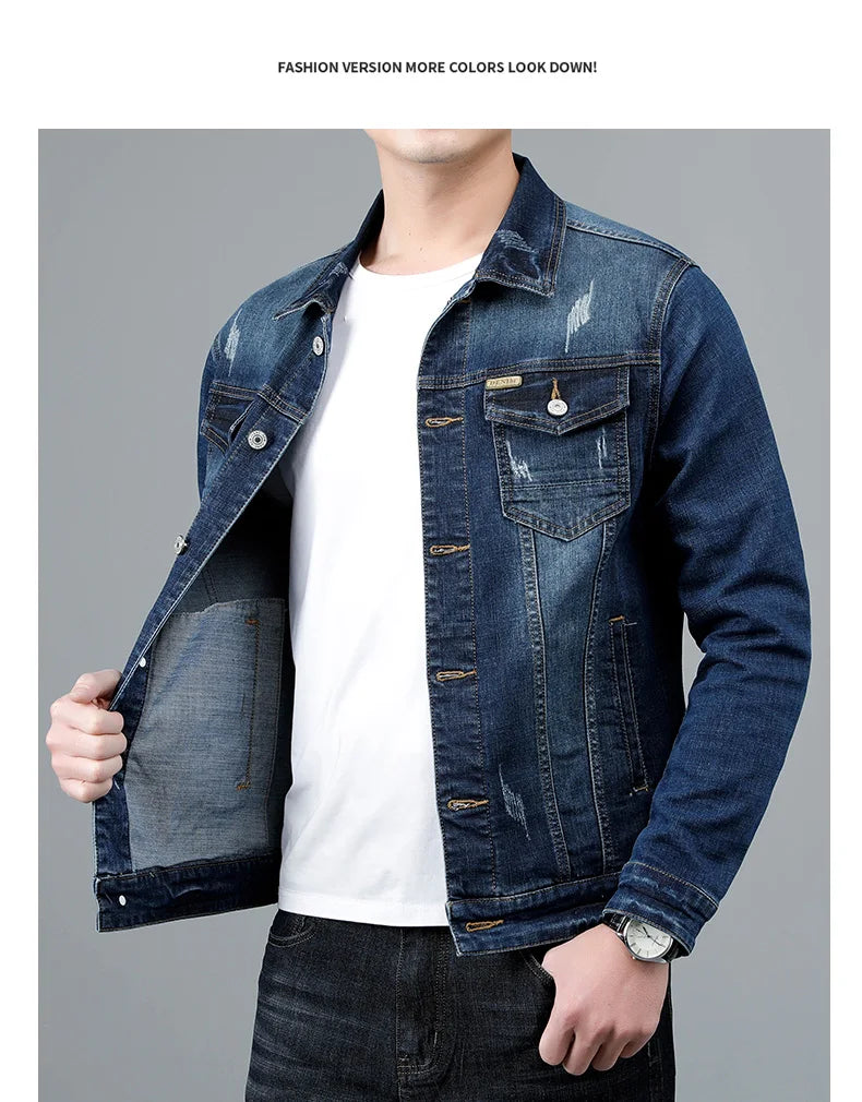 Spring New Men's Casual Cotton Denim Jacket Classic Style Fashion Slim Washed Retro Blue Jeans Coat Male Brand Clothing