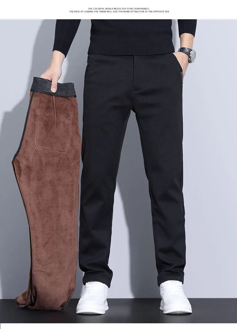 Velvet Thickened Winter Men's Pants Warm Fleece Chenille Fabric Soft Fashion Slim Straight Business Casual Trousers Male Clothes