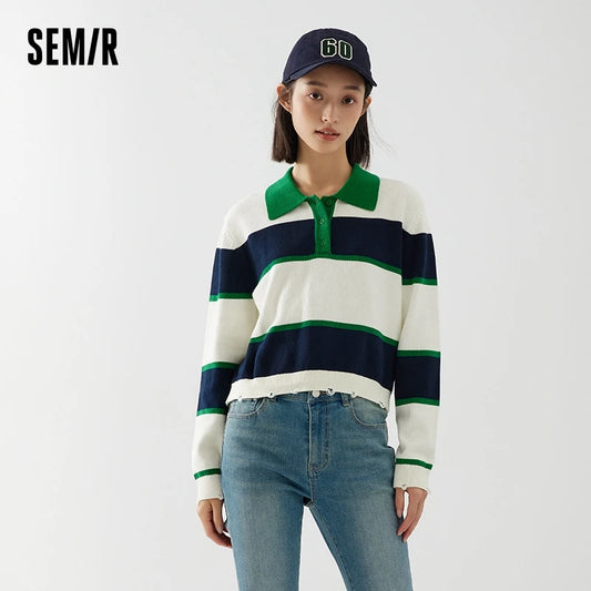 Semir Sweater Women Short Polo Neck Loose Personality Trendy Girl Autumn Salt System Striped Retro Trendy Cool Sweater