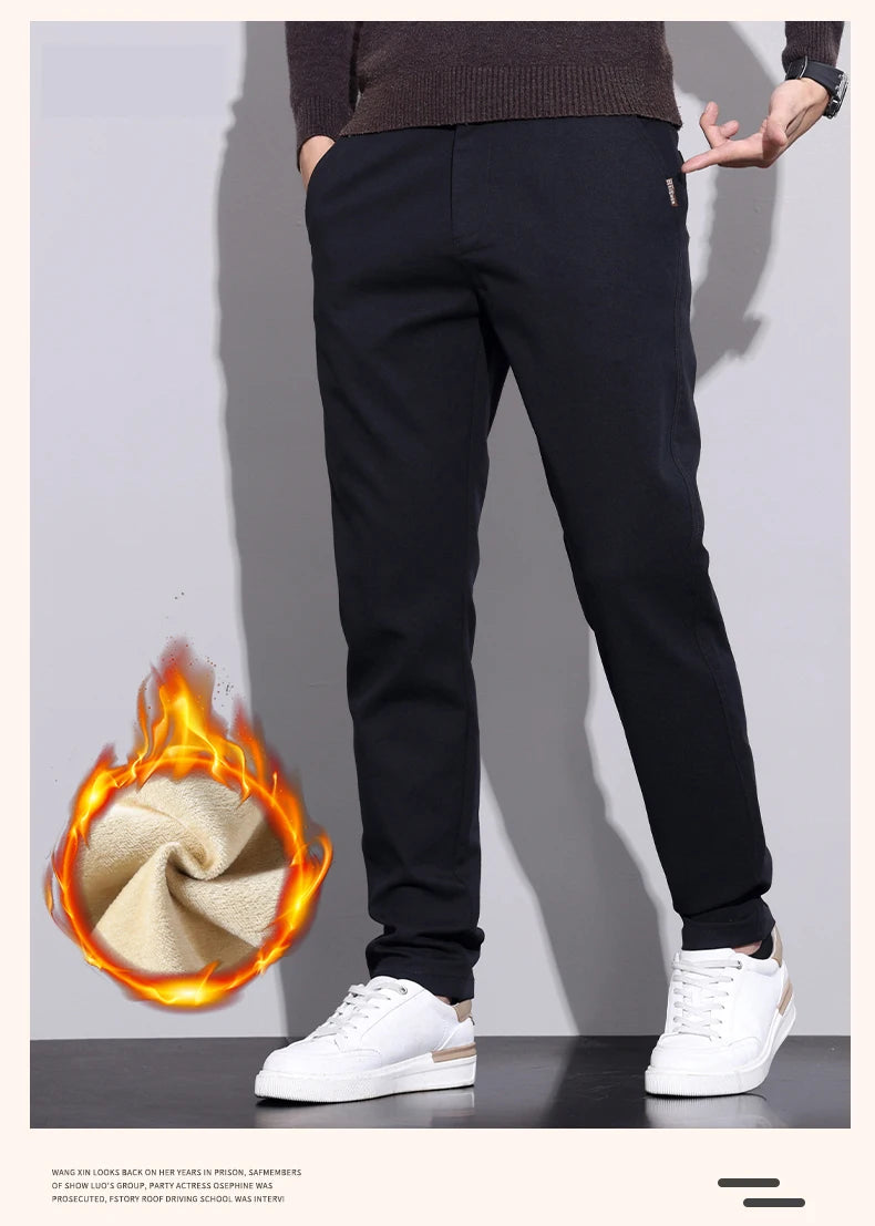 Winter New Men's Fleece Pants Slim Straight Warm Soft