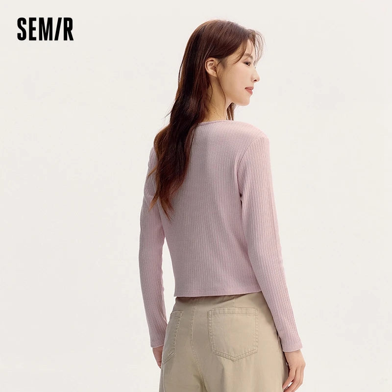 Semir T-Shirt Women Short Sleeve V-Neck T-Shirt Versatile and Elegant 2024 New Autumn Texture Slim Fit Knit Cardigan