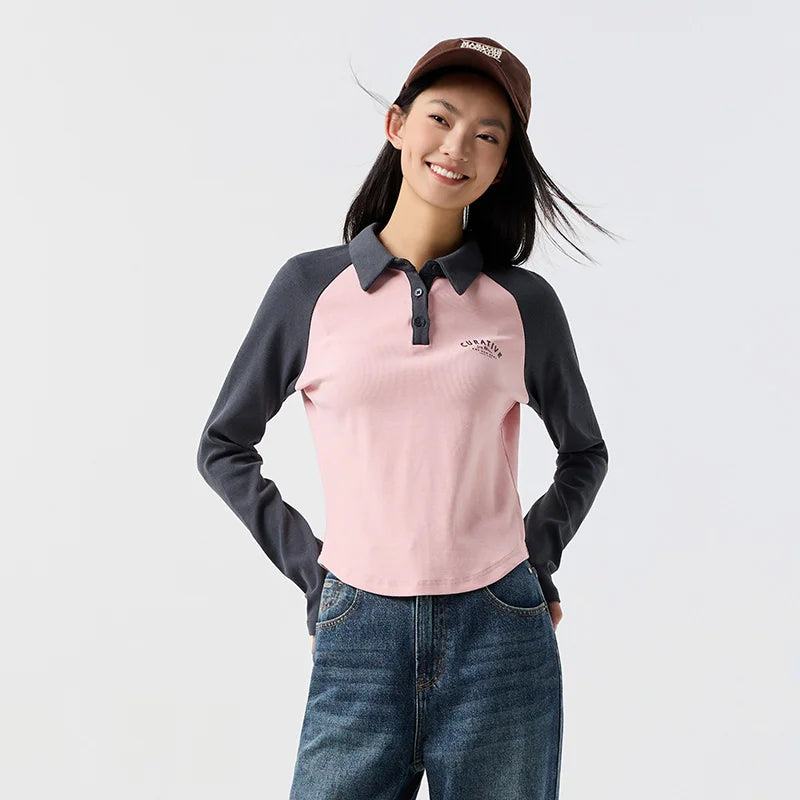 Semir Polo Shirt Women Short Style Skinny Color-blocked Raglan-sleeved 2024 Spring New Letter-printed Top