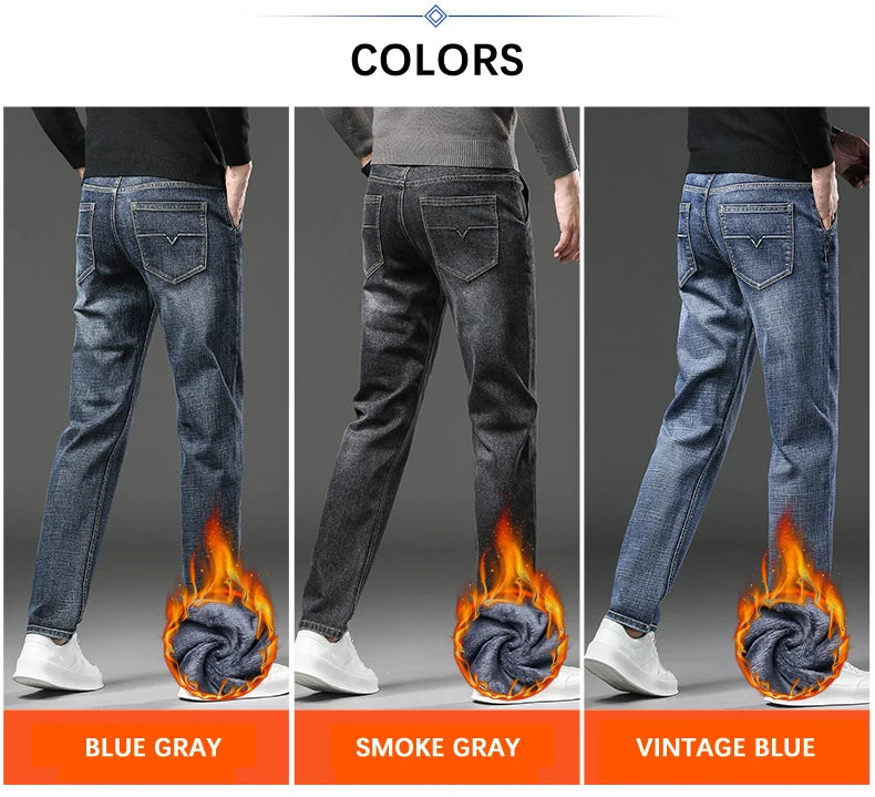 2025 Winter Men's Warm Jeans Thicken Fleece Slim