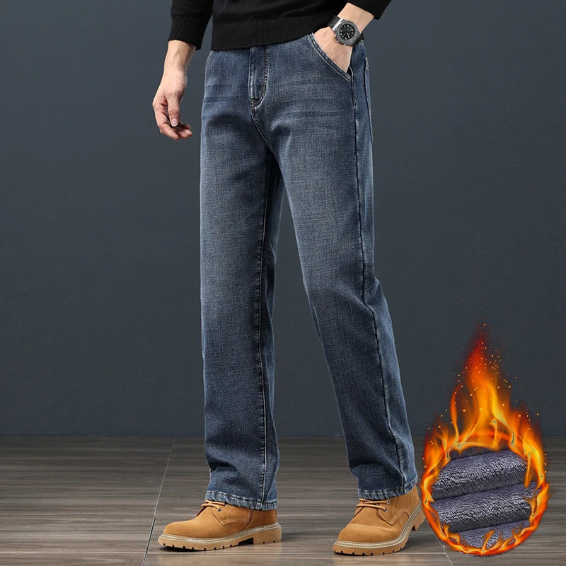 Winter Fleece Men Jeans Classic Loose Straight Warm Thicken Trousers Business Casual Velvet Elastic Denim Pants Plus Size 42 44