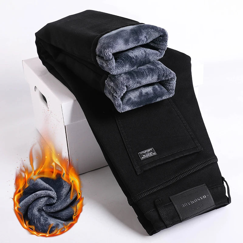 Men's Warm Fleece Jeans Winter New Thick Velvet Slim Fit Business Casual Pants Classic Black Blue Elastic Cotton Denim Pants