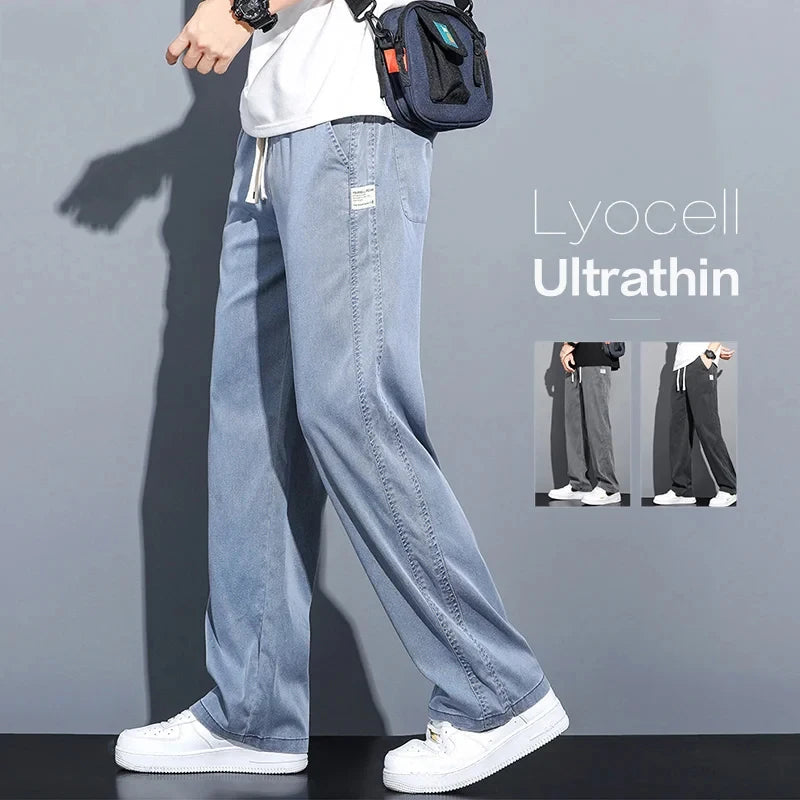 Summer Thin Soft Lyocell Fabric Jeans Men Loose Straight Wide Leg Pants Drawstring Elastic Waist Casual Trousers Plus Size M-5XL