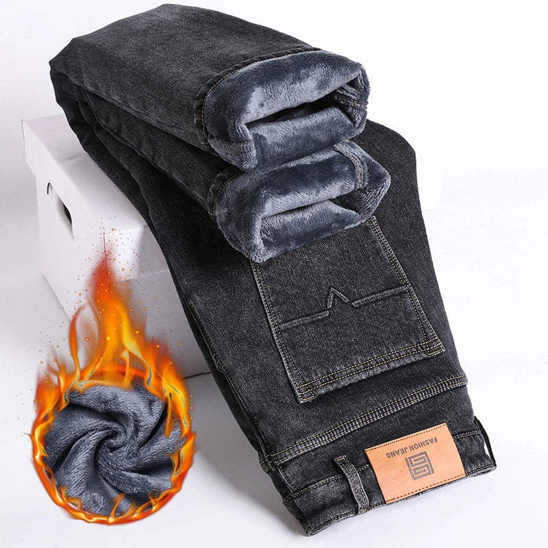 2025 Winter Men's Warm Jeans Thicken Fleece Slim