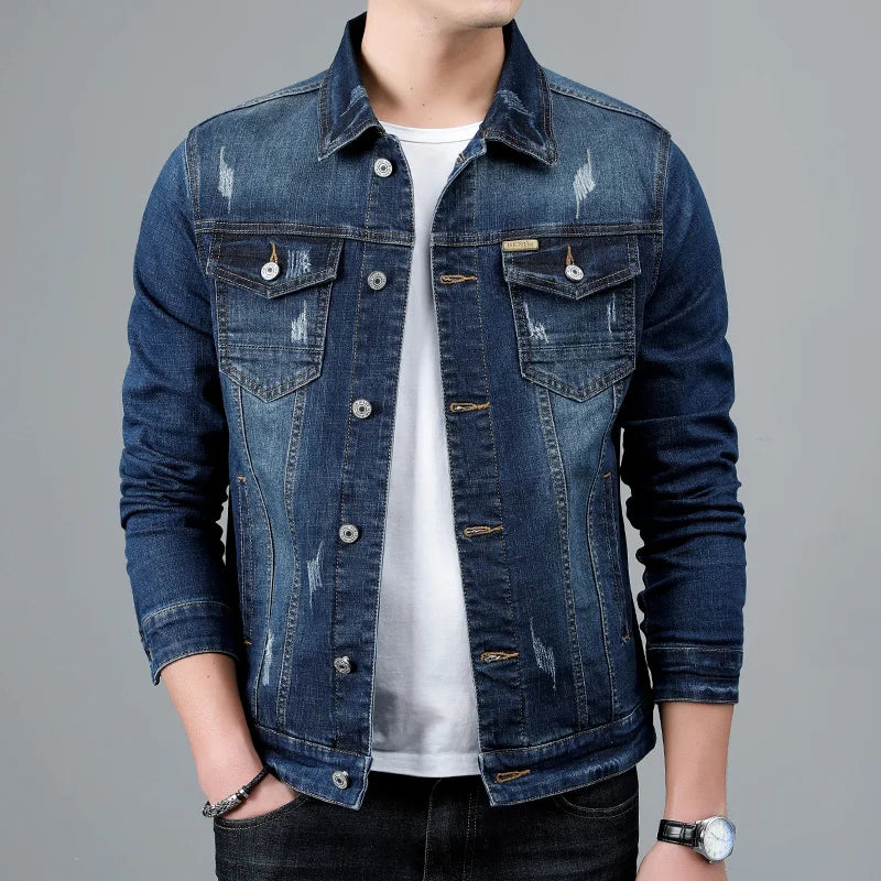 Spring New Men's Casual Cotton Denim Jacket Classic Style Fashion Slim Washed Retro Blue Jeans Coat Male Brand Clothing