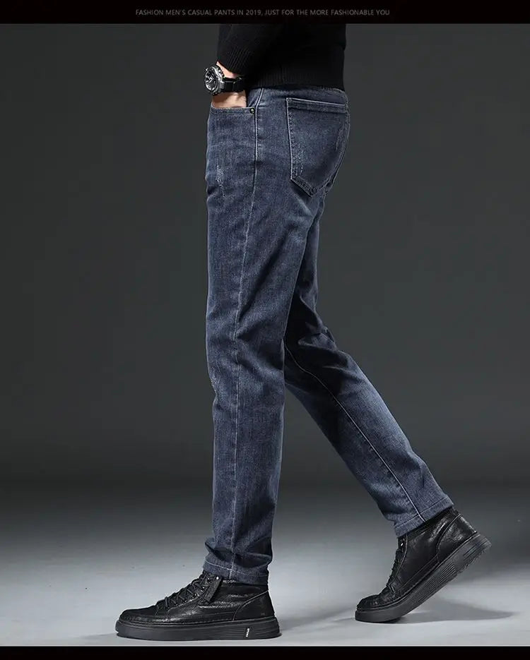 Winter Men's Fleece Warm Jeans Slim Straight Stretch Thickened Denim Pants Fashion Velvet Plush Trousers Brand Clothes