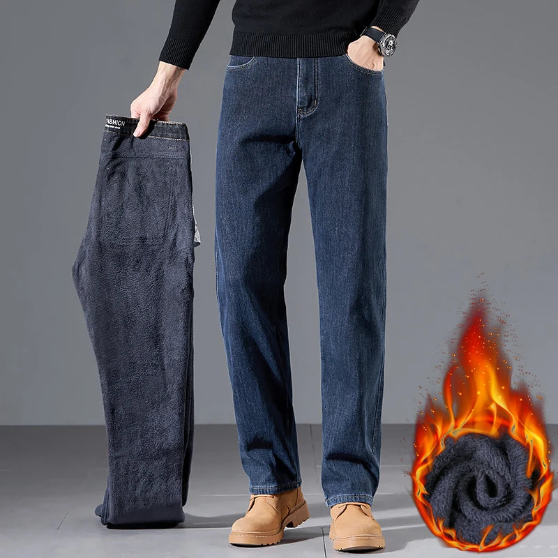 Winter Fleece Loose Jeans Men Classic Straight High Quality Thicken Warm Velvet Trousers Business Casual Brand Denim Pants