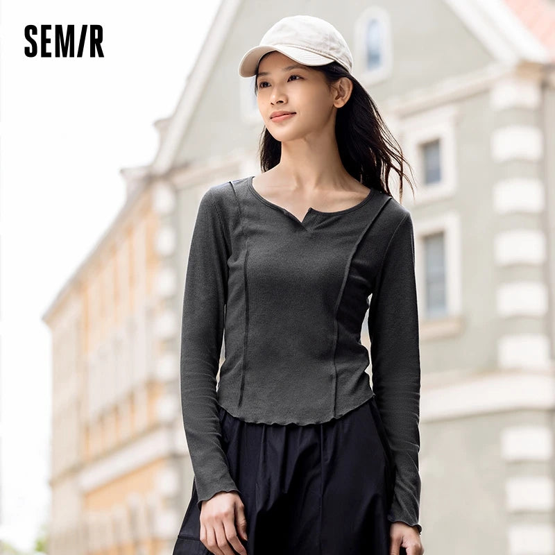 Semir T-Shirt Women Short Sleeve Slim Fit T-Shirt Designed Appear Slimmer 2024 New Autumn Top with a Chic Ruffle Hem