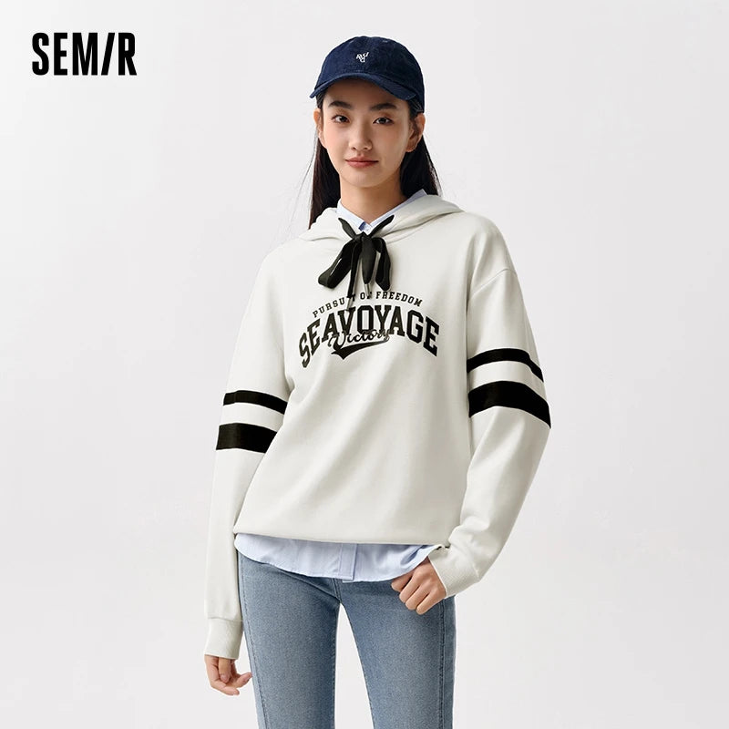 Semir Hoodie Women Letter-printed Loose Drop-shoulder Hooded Pullover Casual and Elegant Spring Individual Printed Top