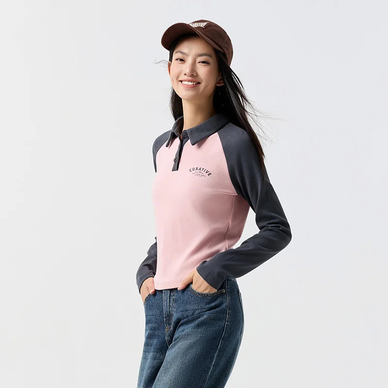 Semir Polo Shirt Women Short Style Skinny Color-blocked Raglan-sleeved 2024 Spring New Letter-printed Top