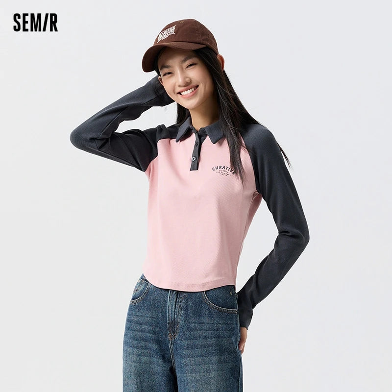 Semir Polo Shirt Women Short Style Skinny Color-blocked Raglan-sleeved 2024 Spring New Letter-printed Top