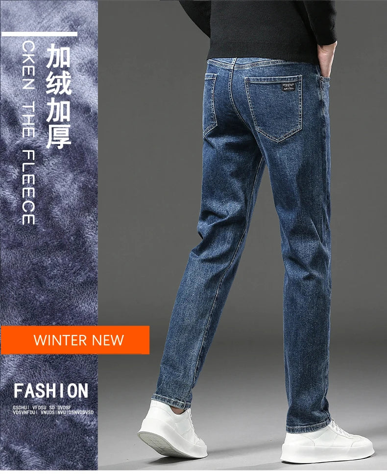 Men's Warm Fleece Jeans Winter New Thick Velvet Slim Fit Business Casual Pants Classic Black Blue Elastic Cotton Denim Pants