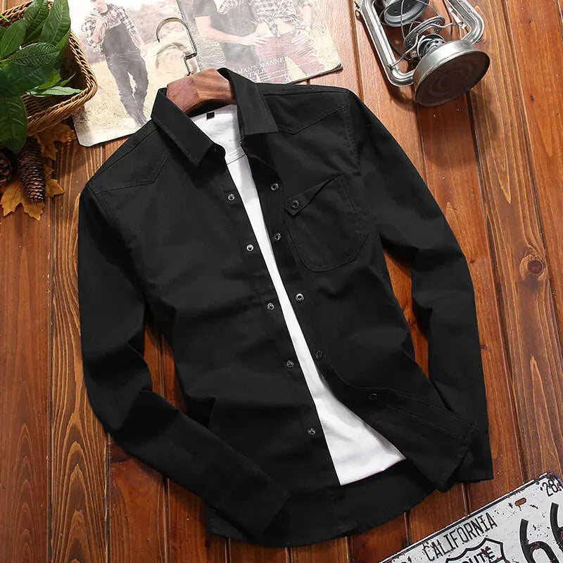 New Fashion Men's Long-Sleeved Shirt Long-Sleeved Buttons Solid Color Lapel Work Shirt Casual Outdoor Big Yards Men's Clothing