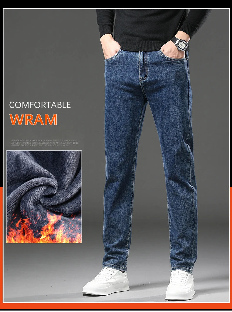 Men's Warm Fleece Jeans Winter New Thick Velvet Slim Fit Business Casual Pants Classic Black Blue Elastic Cotton Denim Pants