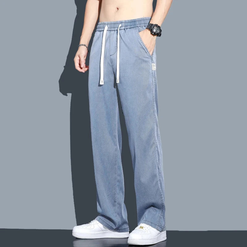 Summer Thin Soft Lyocell Fabric Jeans Men Loose Straight Wide Leg Pants Drawstring Elastic Waist Casual Trousers Plus Size M-5XL