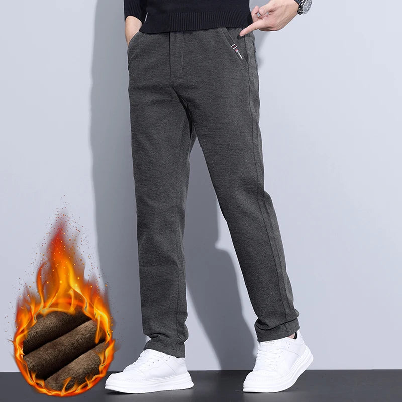 Velvet Thickened Winter Men's Pants Warm Fleece Chenille Fabric Soft Fashion Slim Straight Business Casual Trousers Male Clothes