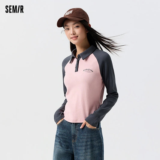 Semir Polo Shirt Women Short Style Skinny Color-blocked Raglan-sleeved 2024 Spring New Letter-printed Top