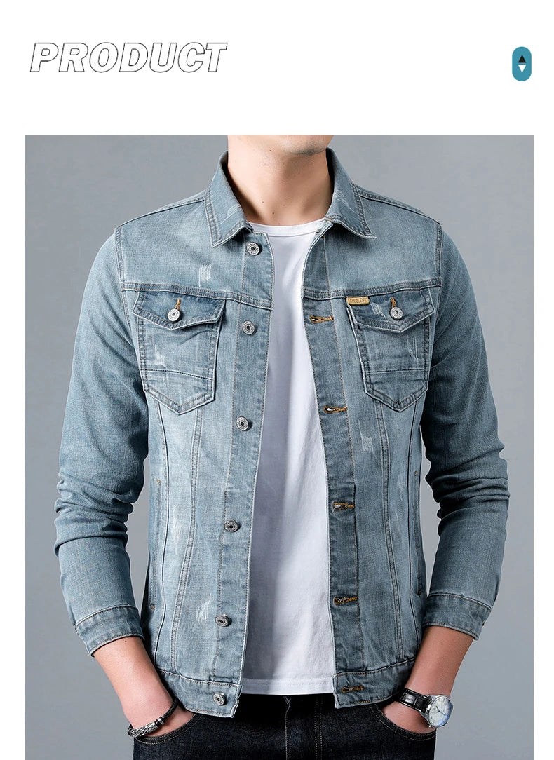 Spring New Men's Casual Cotton Denim Jacket Classic Style Fashion Slim Washed Retro Blue Jeans Coat Male Brand Clothing