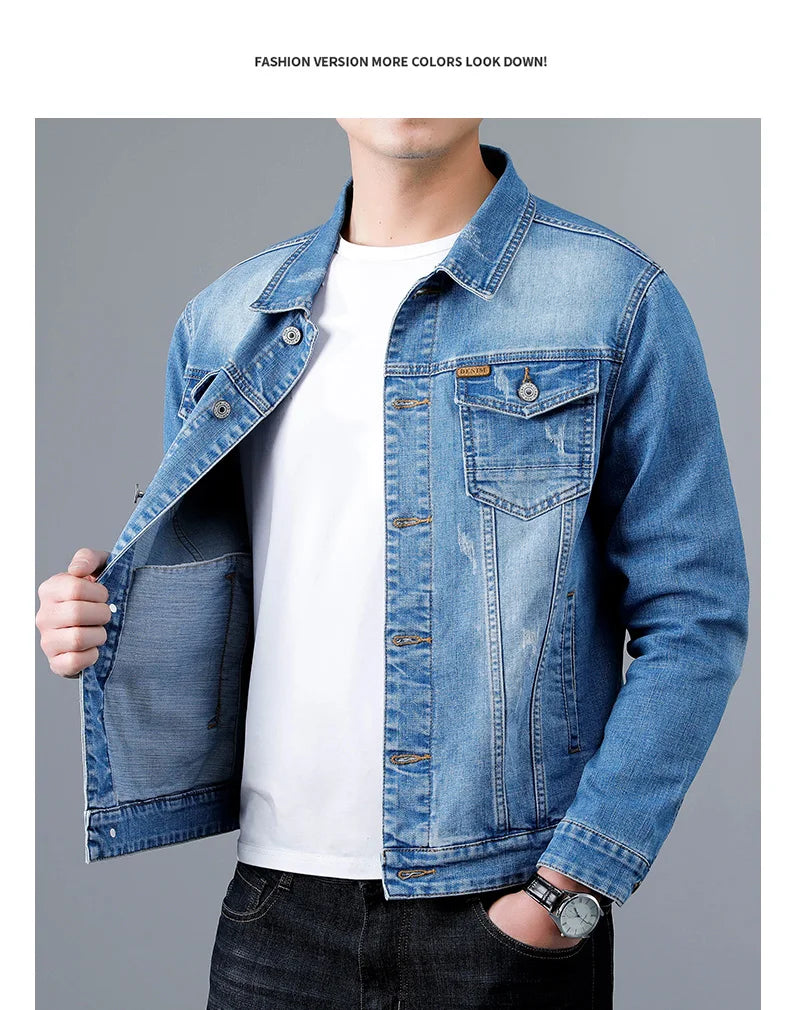 Spring New Men's Casual Cotton Denim Jacket Classic Style Fashion Slim Washed Retro Blue Jeans Coat Male Brand Clothing