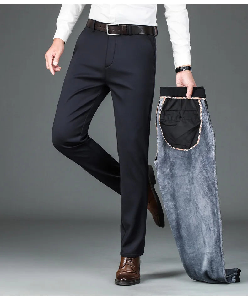 Winter Warm Men's Business Casual Pants Thickened Flannel Fleece Elastic High Waist Office Classic Fit Straight Black Trousers