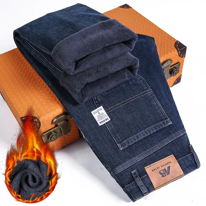 Winter Fleece Loose Jeans Men Classic Straight High Quality Thicken Warm Velvet Trousers Business Casual Brand Denim Pants