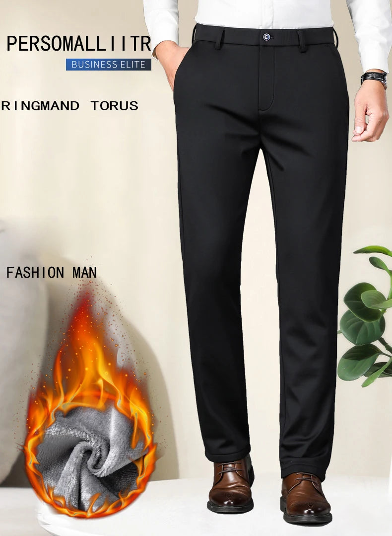 Winter Warm Men's Business Casual Pants Thickened Flannel Fleece Elastic High Waist Office Classic Fit Straight Black Trousers