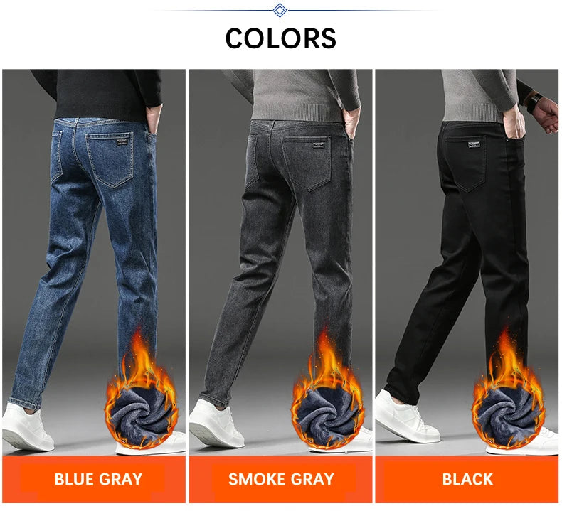 Men's Warm Fleece Jeans Winter New Thick Velvet Slim Fit Business Casual Pants Classic Black Blue Elastic Cotton Denim Pants