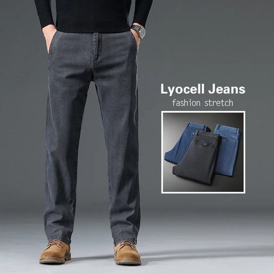 Men's Lyocell Slim Straight Stretch Jeans Fashion Business Casual Denim Pants Classic Blue Smoke Gray Trousers Male Clothes