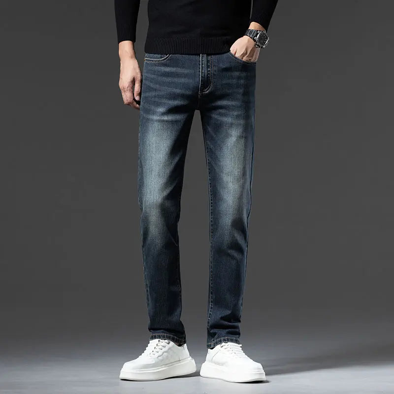 Winter Fleece Jeans Men's Clothes Thickened Fashion Plush Trousers Brand Business Straight Fitted Warm Stretch Denim Pants