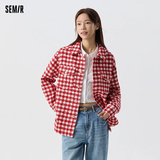 Semir Outerwear Women Mid-long Style Fashionable 2024 New Spring Checked Tweed Top